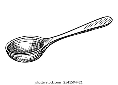 Wooden spoon vector illustration. Linear Drawing of kitchen utensil painted by black inks in etching style for cookery book design or product label. Monochrome engraving of spoonful for recipe.