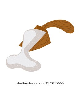 Wooden spoon with white sugar vector illustration food icon isolated. Kitchen cook powder ingredient and utensil baking. Pour salt and natural sweetener crystal. Teaspoon add pure grain aroma cane