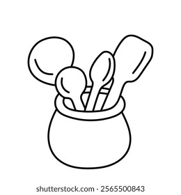 Wooden spoons and spatulas in a pot. Black and white illustration, hand drawn coloring.