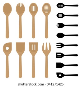 Wooden Spoons. Vector Illustration of a set of Wooden Spoons and their Silhouettes. Illustrator 8, Global Colors, neat work, easily editable.