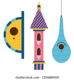 Wooden spring bird house icons in flat design. Colorful garden birdhouse illustration. Cartoon nesting box.