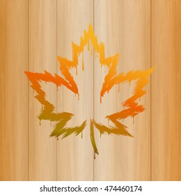 Wooden square background with a painted by brush autumn maple leaf. Vector illustration.