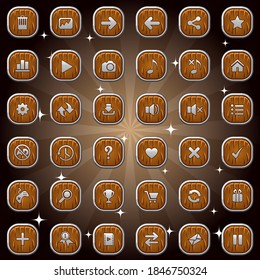 Wooden square buttons and symbol icons with silver frame isolatedset design for game or web. Vector illustration.