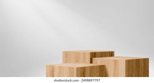 Wooden square cube podium stages of wood block platforms, vector mockup on white background. Product display podiums of three realistic wooden cubes for exhibition display or showcase stand pedestal