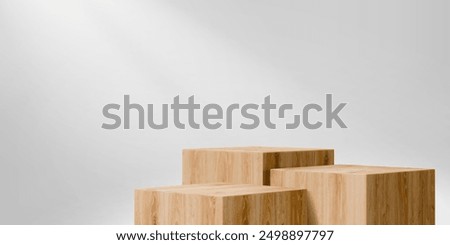 Wooden square cube podium stages of wood block platforms, vector mockup on white background. Product display podiums of three realistic wooden cubes for exhibition display or showcase stand pedestal