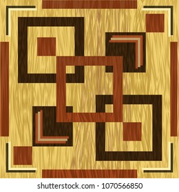 Wooden square inlay, dark wood patterns on light background. Wooden art decoration template. Veneer textured geometric ornament.