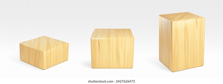 Wooden square podium of different height and angle of view on transparent background. Realistic vector set of cube platform made of light wood for product display. Rectangle natural showcase pedestal.