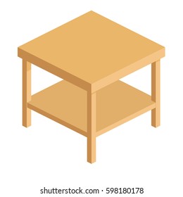 wooden square table with shelf in isometric view,simple empty table isolated on white background, vector illustration.