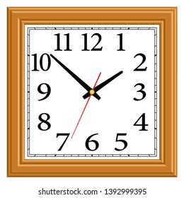 Wooden square wall clock. 3D effect and flat vector