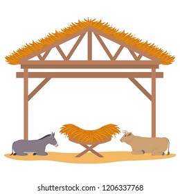wooden stable manger with cradle and animals