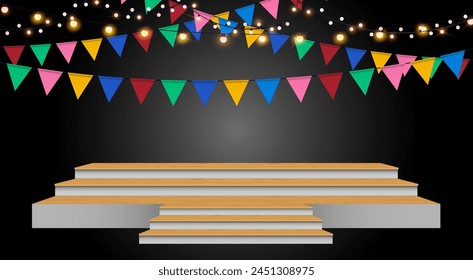 wooden stage with colorful flags and hanging light in the dark room