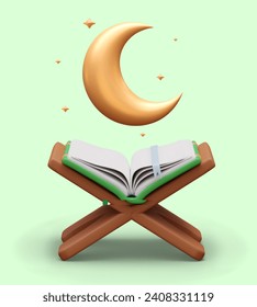 Wooden stage with open Quran and golden realistic crescent. Muslim concept. Time to read religious literature. Vector illustration in 3d style with green background