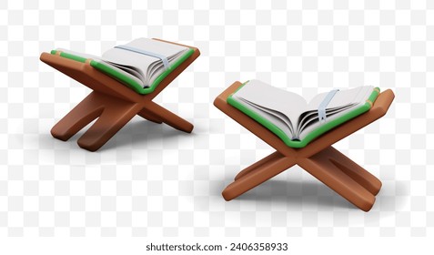 Wooden stage with open Quran in green cover in different positions. Religious literature concept. Religion open book for reading and study. Vector illustration in 3d style