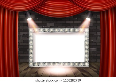 Wooden stage with red curtain and white brick wall and silver vintage frame. Illuminated by searchlights. Vector illustration