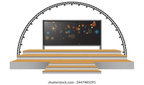 wooden stage and speaker with led screen on the truss system on the white background