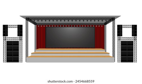wooden stage and speaker with led screen on the truss system on the white background	

