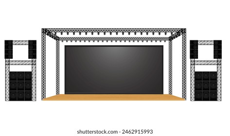 escenario de madera y altavoz con pantalla led en el sistema de armadura sobre el fondo blanco	