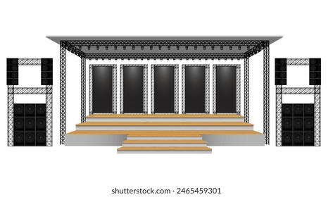 wooden stage and speaker with led screen on the truss system on the white background	
