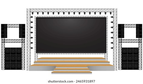 wooden stage and speaker with led screen on the truss system on the white background	