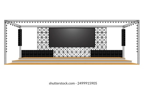 wooden stage and speaker with led screen on the truss system on the white background	