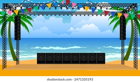 wooden stage and speaker with spotlight on the truss system on the beach	