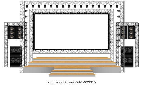 escenario de madera y altavoz con pantalla blanca en el sistema de armadura sobre el fondo blanco	