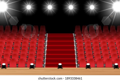 wooden stage with spotlight and red seats in the hall