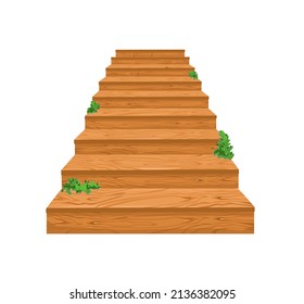 Wooden Staircase Leading Up With Sprouted Greenery. Cartoon Staircase For A Castle Or An Old House. Steps Up. Vector Illustration