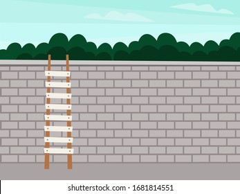 Wooden staircase on a brick wall against the background of nature and clouds. Flat vector illustration.