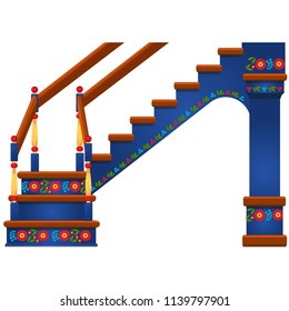 Wooden staircase with ornament in Slavic style isolated on white background. Vector cartoon close-up illustration.