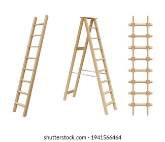 Wooden stairs, stepladder and rope ladder realistic set isolated on white background. Domestic ladder construction for household or repair. 3d vector illustration