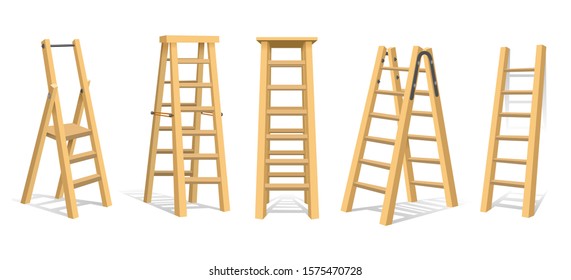 Wooden stairs. Wood ladders or staircase set isolated on white background, work laddering stepladder equipments for home working vector illustration