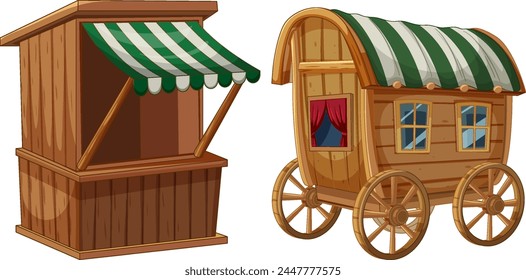 Wooden stall and caravan with striped awnings