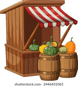 Wooden stall with pumpkins on barrels under awning
