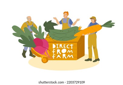 Wooden stall, a salesman behind a counter sells fresh premium quality local vegetables. Direct from farm. Organic food concept. Flat cartoon style. Vector illustration isolated on a white background
