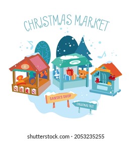 Wooden stalls at Christmas market.    Vector hand drawn cartoon flat style illustration.