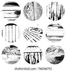 Wooden stamp round textures set. Distress circular overlay backgrounds. EPS10 vector.