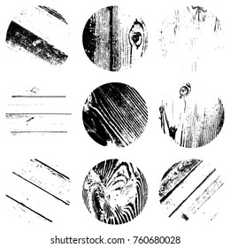 Wooden stamp round textures set. Distress circular overlay backgrounds. EPS10 vector.
