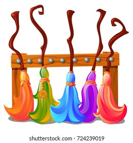 Wooden stand with colorful brooms of the witches isolated on white background. Sketch for a poster or card for the holiday of all evil spirits Halloween. Vector cartoon close-up illustration.