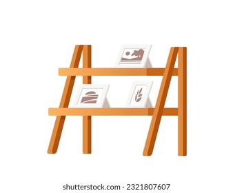 Estante de soporte de madera con ilustración vectorial de marcos de imagen aislada en fondo blanco