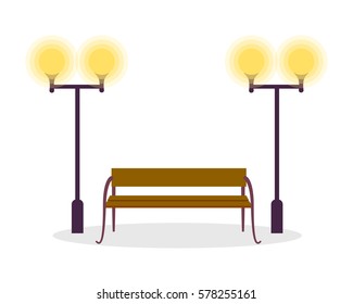 Wooden standard bench and two street lamps isolated on white background. Place for sitting consist of brown board and four steel legs vector illustration. Street bench with lights, editable elements