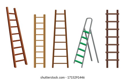 Wooden or Steel Step Ladders for Domestic and Construction Needs Vector Set