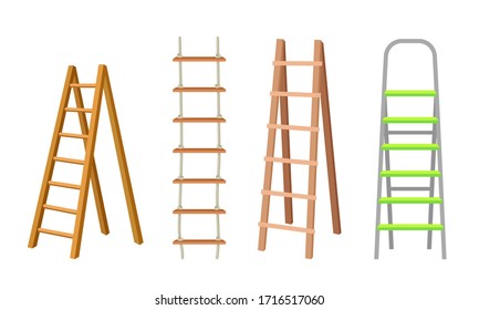 Wooden Steel Step Ladders for Domestic   Construction Needs Vector Set