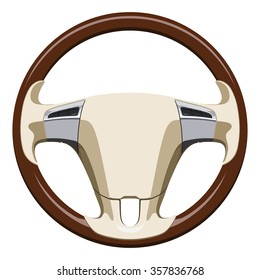 Wooden steering wheel of the car on a white background