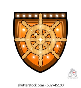 Wooden steering wheel in center of shield isolated on white. Sport logo for any yachting or sailing team or championship