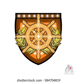 Wooden steering wheel in center of shield between golden wreath isolated on white. Sport logo for any yachting or sailing team or championship