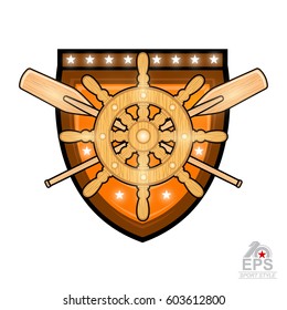 Wooden steering wheel with crossed paddles in the middle golden shield. Sport logo for any yachting or sailing team or championship on white