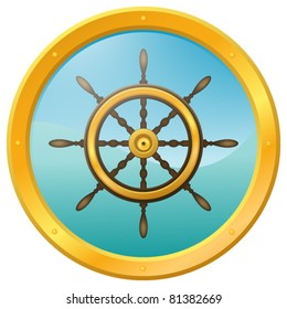 Wooden steering wheel with gold plates on the blue wavy background, surrounded by a porthole. Eps10.