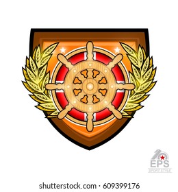 Wooden steering wheel with lifebuoy in the middle of golden laurel wreath on the shield. Sport logo for any yachting or sailing team or championship on white