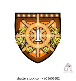 Wooden steering wheel with number one in the middle golden wreath on shield. Sport logo for any yachting or sailing team or championship isolated on white